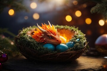 A small, little ,cute baby dragon sleeping comfortable inside egg shell