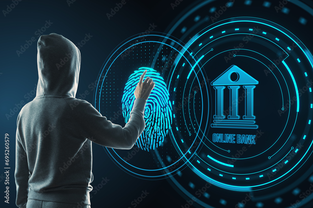 Poster Back view of hacker using creative banking hologram in blue circle with fingerprint on dark background. Finance, online bank and digital money concept.