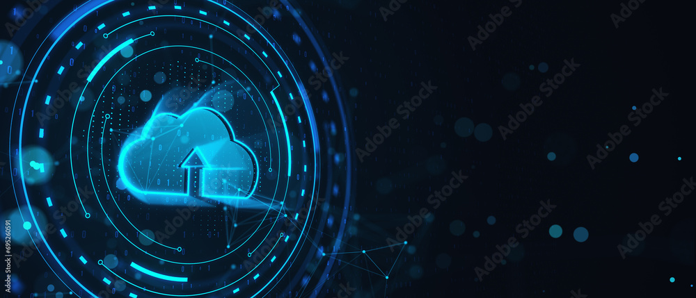 Poster Creative cloud computing hologram on blurry dark wide blue background. Server and data concept. 3D Rendering.