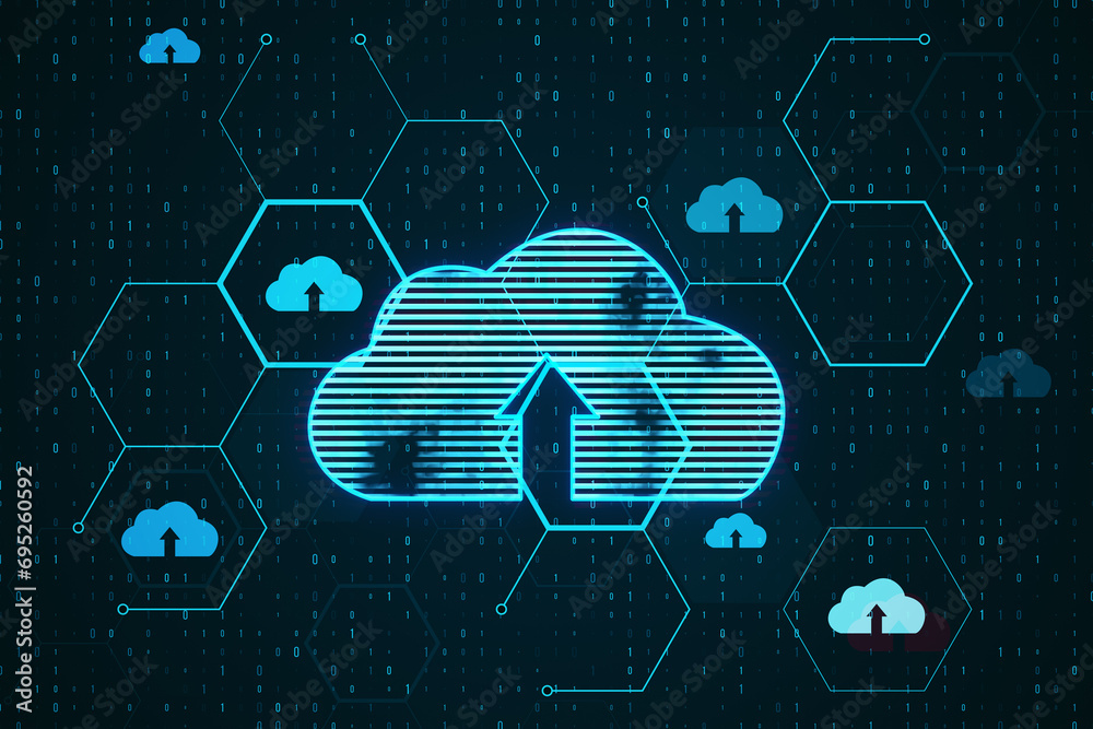 Aufkleber Creative glowing hexagonal cloud hologram with binary coding on blurry background. Safety and cloud computing concept. 3D Rendering.