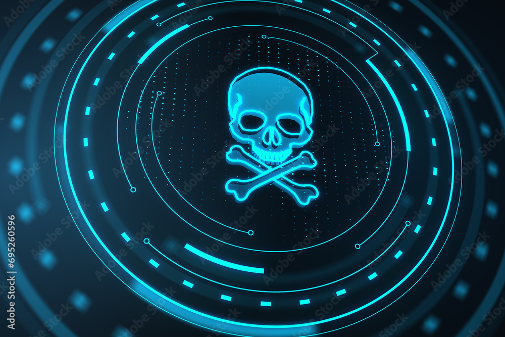 Poster creative skull hologram on dark blue background. cyber attack and piracy concept. 3d rendering.