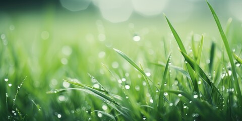 Close up green grass with water drops, background