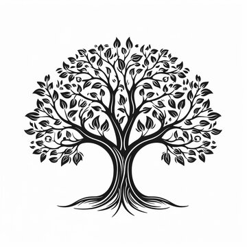 Monochrome Tree and Roots Icon - Black Silhouette on White