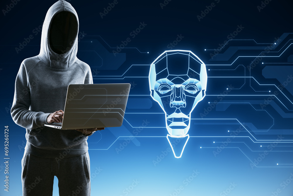 Poster Hacker in hoodie using laptop with abstract robot head in the shape of light bulb on blue background with lines. Artificial intelligence, hacking, malware and chat gpt concept.
