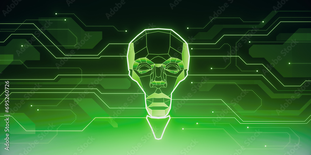 Poster Abstract robot head in the shape of light bulb on green background with lines. Artificial intelligence and chat gpt concept. 3D Rendering.