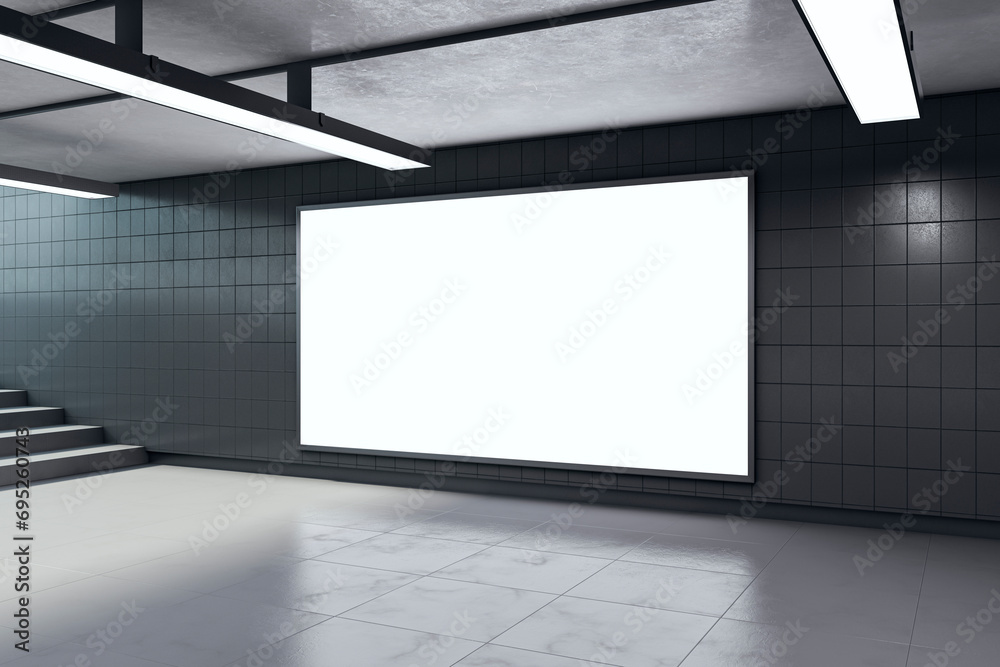 Poster modern underground passage with empty mock up poster, ceiling lamps and stairs. subway tile wall. 3d