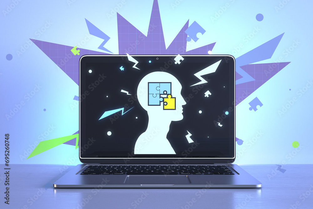 Aufkleber Close up of laptop with creative digital head with puzzle on light background. Idea and solution concept. 3D Rendering.