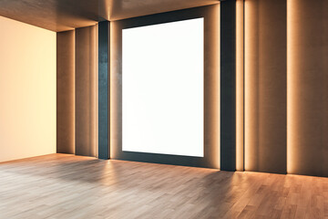 Modern empty gallery room interior with white mock up frame on illuminated dark wall. 3D Rendering.