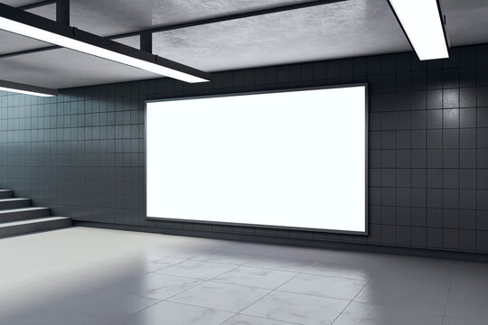 Modern underground passage with empty mock up poster, ceiling lamps and stairs. Subway tile wall. 3D Rendering. - Powered by Adobe