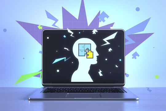 Close up of laptop with creative digital head with puzzle on light background. Idea and solution concept. 3D Rendering.