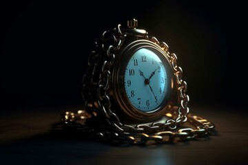 Retro clock chain with light. Metallic antiquated watch pedant with hanging necklace. Generate ai - obrazy, fototapety, plakaty