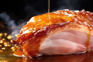 A piece of ham being drizzled with syrup. Perfect for food enthusiasts and recipe blogs - obrazy, fototapety, plakaty