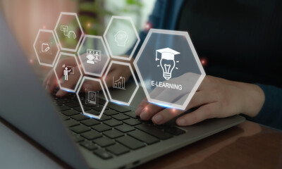 E learning technology concept. Online education, webinar, online courses. AI and machine learning enhance personalised learning. Digital training to employee, compliance, customer, partner.