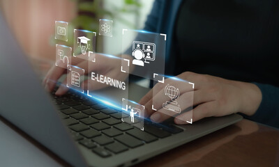 E learning technology concept. Online education, webinar, online courses. AI and machine learning enhance personalised learning. Digital training to employee, compliance, customer, partner.