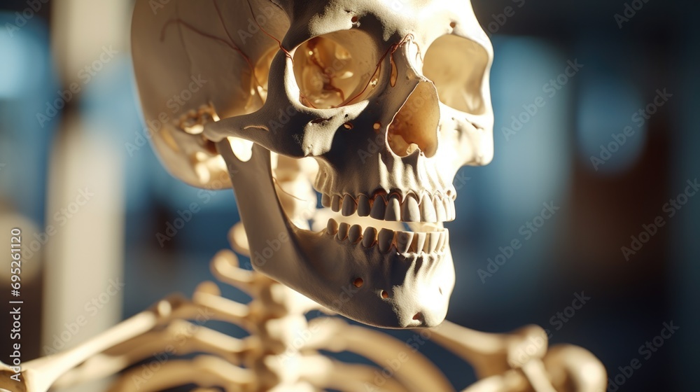 Poster a close-up view of a skeleton with a human skull in the background. this image can be used for educa