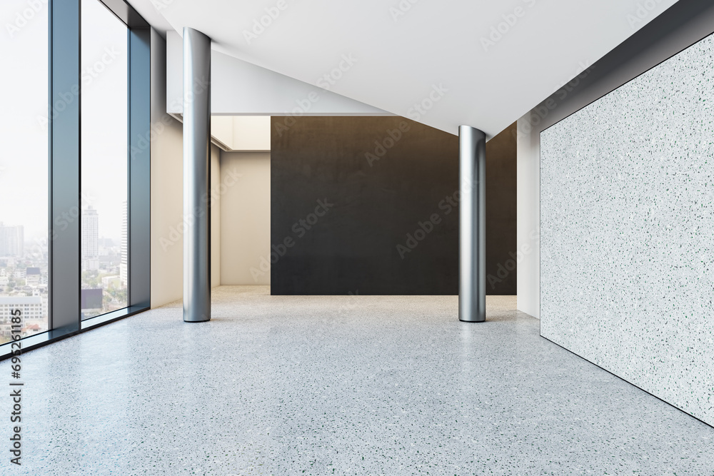 Aufkleber contemporary hallway interior with window and city view, columns, blank mock up place and daylight. 