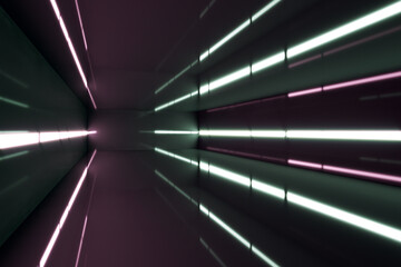 Creative dark futuristic room with lights. Tunnel concept. 3D Rendering.