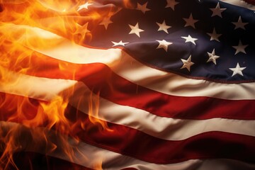 A powerful image of an American flag engulfed in flames against a black backdrop. Perfect for conveying strong emotions and making a statement about patriotism and political unrest