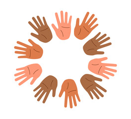 A circle of palms of different skin tones. Concept of racial diversity.	 Concept of multiracial friendship.