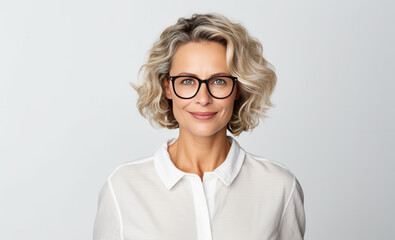 Pleasant-looking blonde woman in her 30s or 40s smiling, wearing eyeglasses and white shirt, professional photo studio portrait, white background. - 695261798