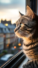 Domestic tiger cat looking out of the window at the street, closeup. Curious pet.