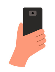Hand with phone on white background. Taking a photo. Selfie concept.