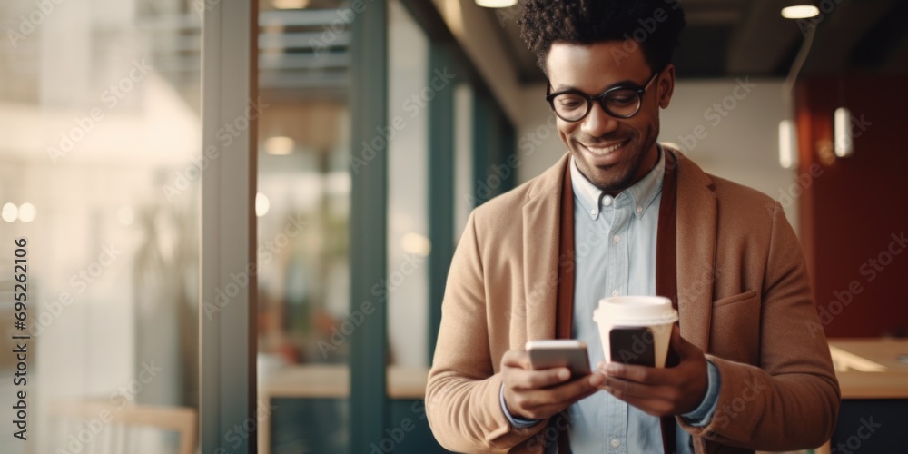 Poster a man is holding a cup of coffee and looking at his phone. this image can be used to depict modern t