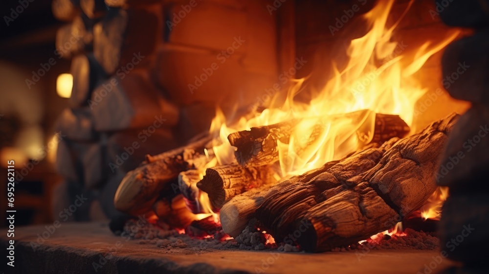 Poster A close up view of a fire in a fireplace. This image can be used to create a cozy and warm atmosphere in various projects