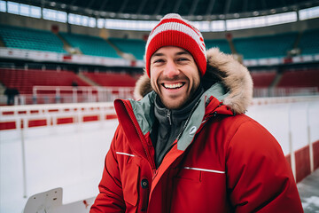 Smiling male fan on the tribune of a hockey stadium - obrazy, fototapety, plakaty