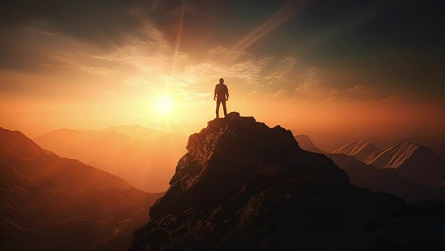 	
silhouette of man on top of mountain peak at sunset. Created with generative AI.	
