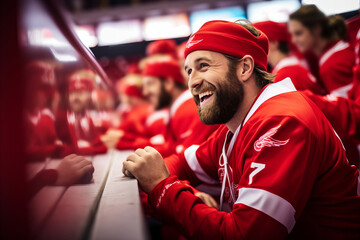 Smiling male fan on the tribune of a hockey stadium