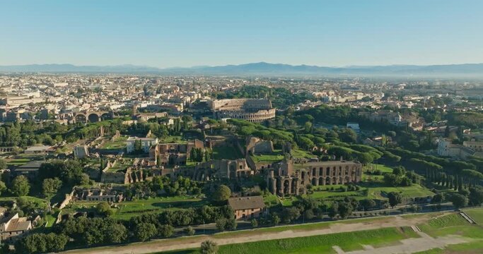 Aerial view Temple of Apollo Palatinus, Rome, Italy. Ancient ruins of ancient civilizations in the city center with architecture. High quality 4k footage