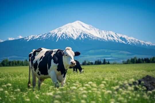 Generative AI Image of Cow Animal in Meadow with Mountain View in Bright Day