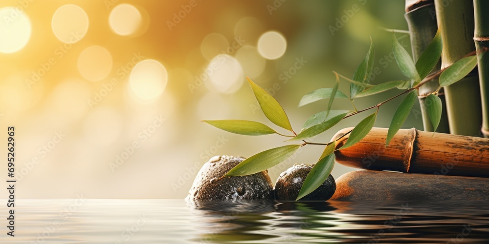 Poster A serene image featuring two rocks and a bamboo plant resting on the calm surface of a body of water. This picture can be used to create a peaceful and natural atmosphere in various design projects