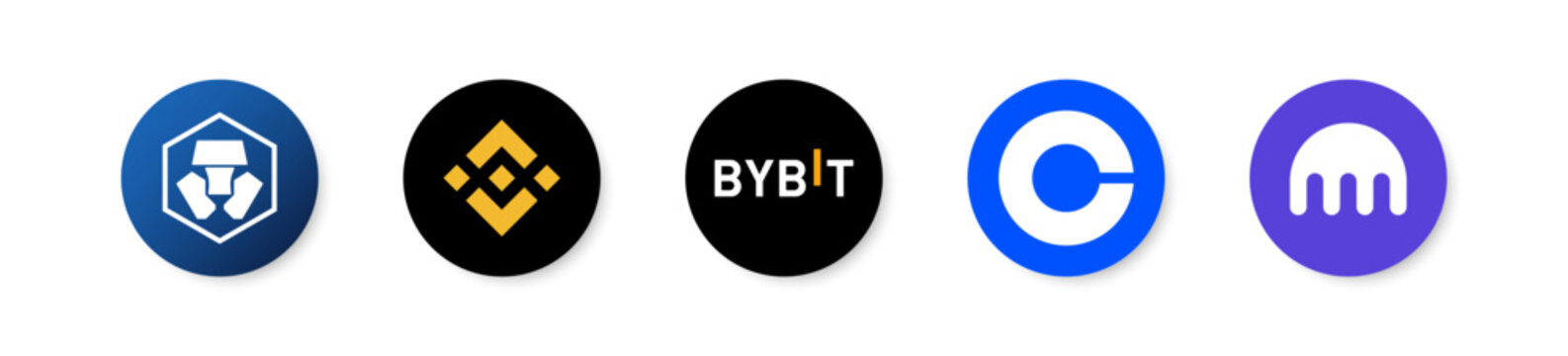Crypto exchange app logo icon. Binance, Bybit, Kraken, Coinbase, Cryptocom finance electronic banking logotype. Investment coin. Vector illustration.