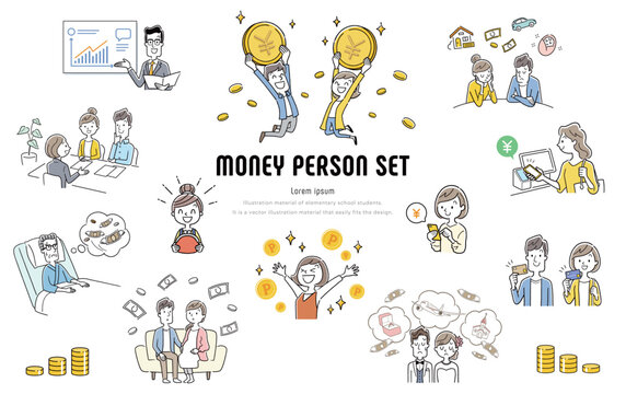 ベクターイラスト素材：お金を貯金や資産運用する人物セット