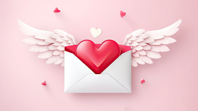 Paper envelope mail with angel wing and heart on pink background, Happy Valentine's day concept