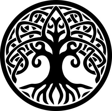 Celtic tree ornament silhouette icon in black color. Vector template design for laser cutting wall art.