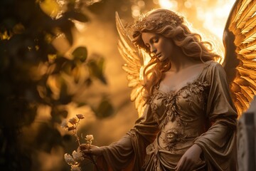 Golden angel statue in a cemetery in a sunny day - obrazy, fototapety, plakaty