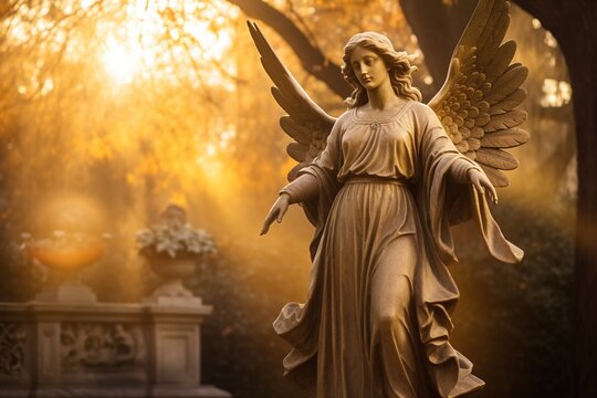 Golden angel statue in a cemetery in a sunny day