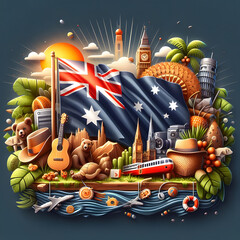 A banner design embodying the national identity of Australia, featuring the flag and quintessential elements that define the country.