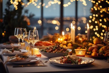 Fototapeta premium A table set with a variety of delicious food and glasses filled with wine. Perfect for showcasing a festive meal or a fine dining experience.