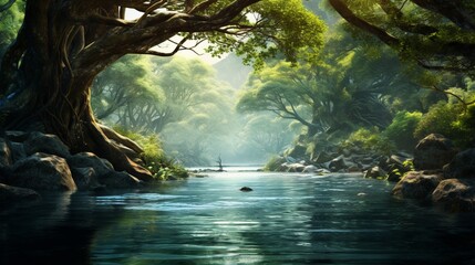 A tranquil river scene with overhanging branches creating a natural frame, highlighting the picturesque beauty of flowing water