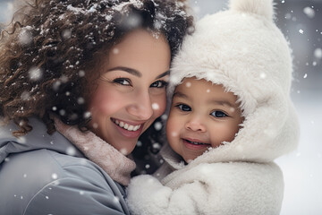 Mum holds baby in snowy park, love-filled family outing, Christmas joy in winter wonderland.