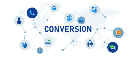 Conversion in marketing sales communication concept banner header connected icon set symbol illustration