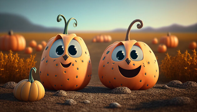  Cheerful Pumpkin Pals Happy-Faced Pumpkins on a Serene Rural Landscape, Halloween holiday, Ai generated image 