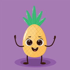 Pineapple character design. Cartoon vector illustration of pineapple on purple background