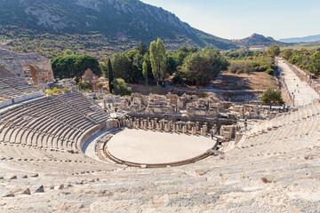 General view on the theater in ancient city Ephesus, Turkey in a beautiful summer day. Ephesus...