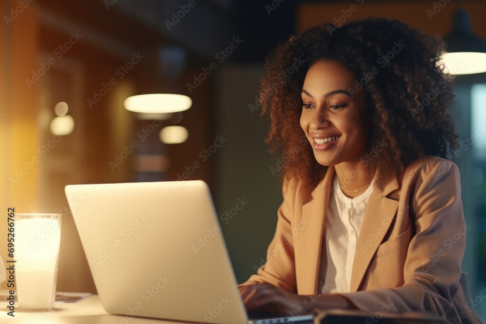Poster A woman sitting at a table using a laptop computer. Suitable for various business and technology-related concepts