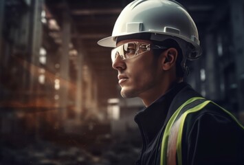 Engineer facing large industry. Industrial worker with safety helmet and glasses. Generate ai - obrazy, fototapety, plakaty